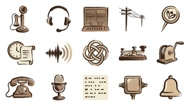 A collection of vintage communication devices and symbols, including telephones, headphones, microphones, and telegraph equipment.