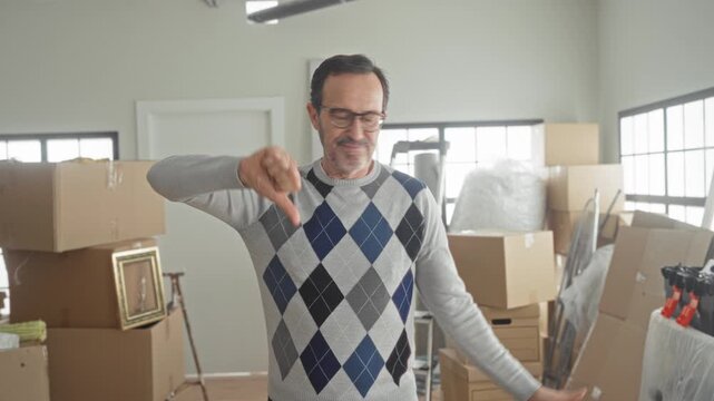 Man holding a cardboard box giving thumbs down in a building crowded with packed boxes and a picture frame; moving frustration.