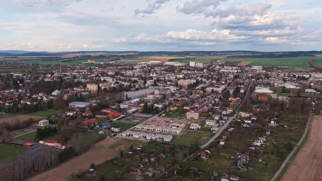 Aerial panorama of Svitavy homes in quiet neighborhood.
Small town real estate and housing scene.