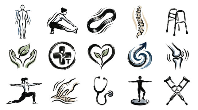 A collection of medical and wellness icons representing physical therapy, chiropractic care, yoga, and general health.
