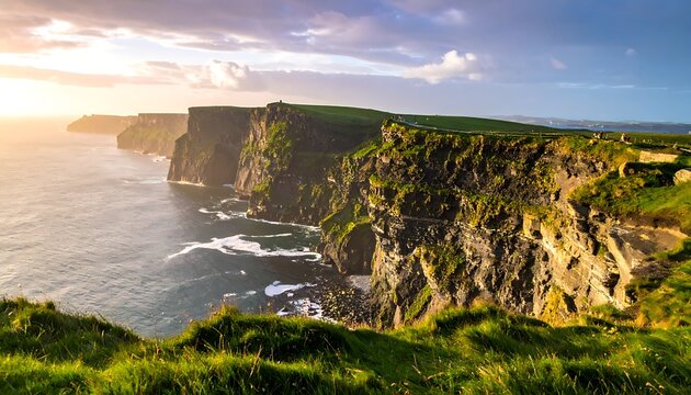 A serene coastal cliffside at sunset with green grass and rugged rocks