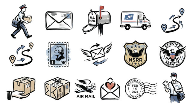 Collection of postal service and delivery icons, including a mail carrier, envelopes, mailboxes, delivery trucks, stamps, and packages.
