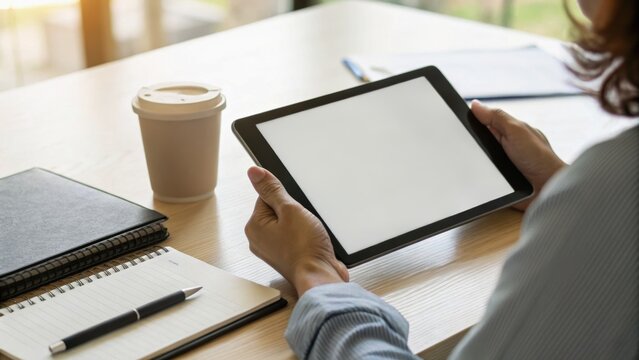 Person holding a tablet with a blank screen at a wooden table, next to a notebook, pen, and takeaway coffee cup in a bright, relaxed workspace.