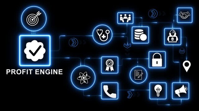 Profit engine technology icons network with revenue system performance icon illustrating income generation business growth and financial efficiency interface motion graphics transparent background