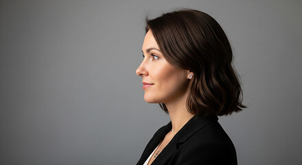 Fototapeta premium Confident corporate profile of a friendly looking businesswoman in a dark top perfect for business and marketing success