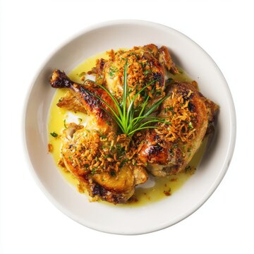Inasal na manok with garlic butter sauce and crispy garlic isolated on a white background
