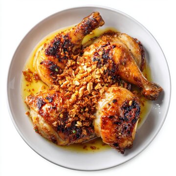 Inasal na manok with garlic butter sauce and crispy garlic isolated on a white background