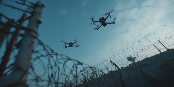 Aerial Drones Flying Over Barbed Wire Fence in Urban Environment with Dramatic Sky and Security Context