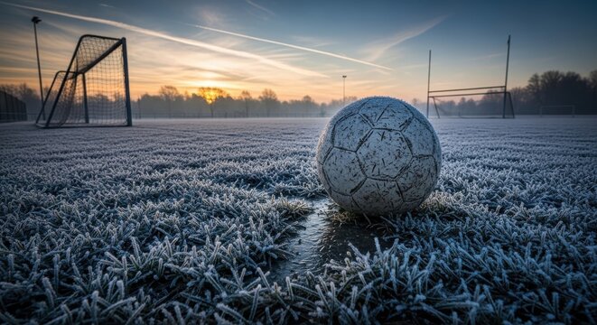 Soccer ball on a frozen grass field at sunrise