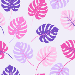 Repeating monstera leaf design. Botanical pattern is both modern and trendy. Textile print can be used on fabric and clothing. Houseplant foliage stylized with prominent veins. © SunwArt