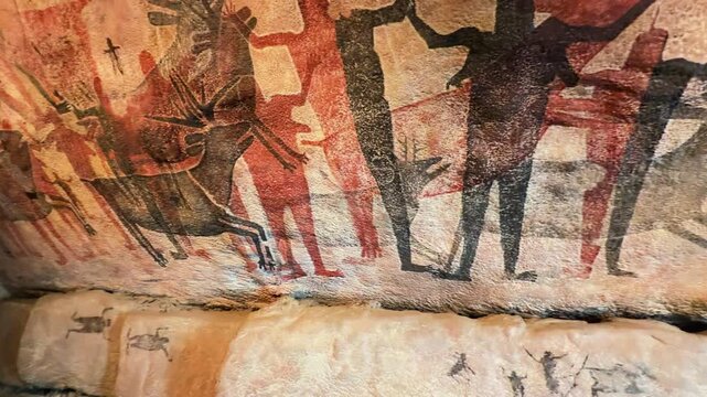 Ancient rock paintings depicting hunting scenes at the National Museum of Anthropology. Detailed prehistoric mural with human figures and animals on display in Mexico City CDMX museum