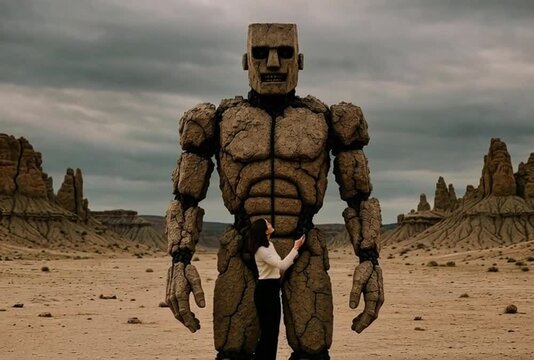 Young woman captures digital selfie video footage while standing beside a giant sentient stone golem character in a cinematic motion sequence of interactive creative fantasy art