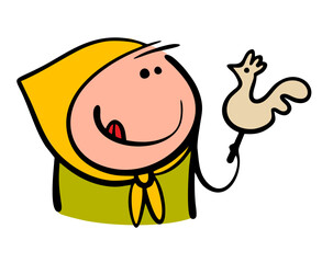 Cartoon traditional souvenir, a treat for a Russian holiday with pancakes. Maslenitsa. Vector illustration of a girl in a headscarf holding a lollipop cockerel on a stick and licking her lips.  © Eka Panova