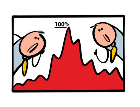 Two businessmen are studying a chart of rising and falling prices.  Vector illustration of financial analysts on the securities market and a graph. Stock chart.
