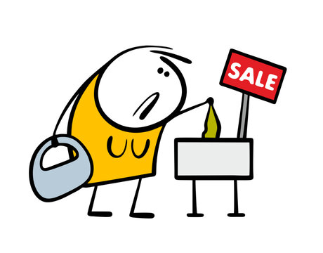 Discounts and holiday sale in the store. A disappointed cartoon woman looks sadly into a box of clothes.  Vector illustration of a girl who was late, an unsuccessful customer, an empty store.
