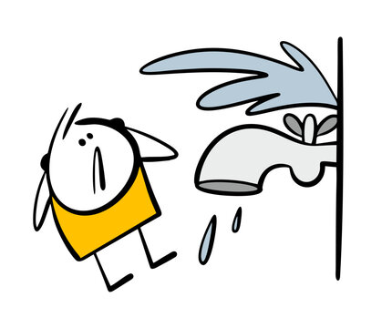 Pipe burst. Cartoon man looks at the hole and the stream of water in panic. Vector illustration the owner of the house is scared, needs help and plumbing repairs.
