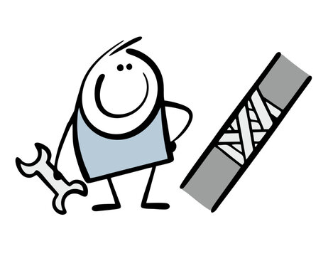 Pipe burst. Cartoon satisfied man with a tool in his hand looks at his work with satisfaction. Vector illustration of a plumber fixing doodle water pipe.
