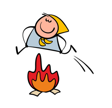 Traditional entertainment for a Russian holiday. Merry Carnival. Vector illustration of a girl in a folk dress jumping over a flame. A big bonfire and a brave woman.
