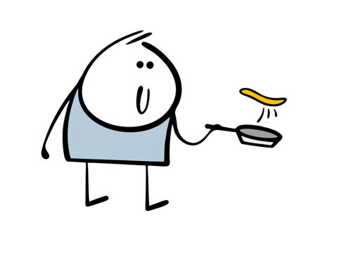 Maslenitsa. A man in a frying pan bakes and throws a pancake. Vector illustration of traditional food for a spring holiday, we spend the winter deliciously.
