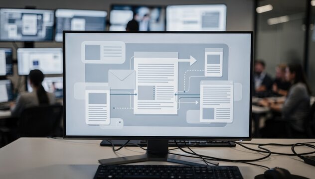 Medium shot emphasizing the main monitor coordinating multinewspaper pagination workflows in the cloud with distant screens and team members softly blurred.