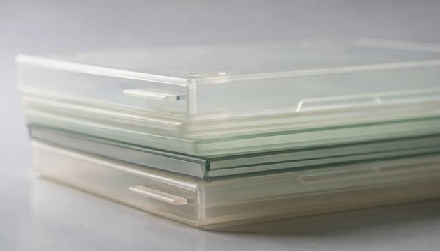 Closeup of translucent bioplastic media cases stacked neatly highlighting ecofriendly packaging with soft blurred background for sustainable software distribution.