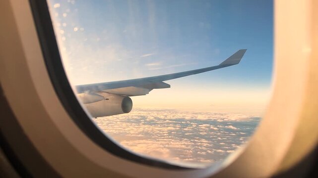 Airplane window view during sunset with the wing visible above a vast cloud layer. The warm sky colors and endless horizon create a peaceful and expansive travel scene.