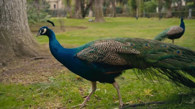 Close view of two colorful peacocks standing on grass in a park, showing detailed plumage and natural behavior in a calm outdoor setting.