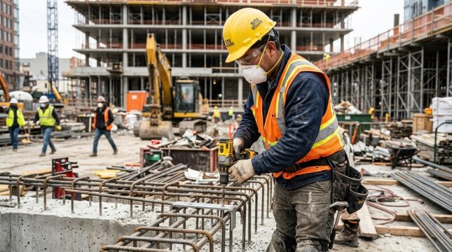 A construction worker wearing a yellow hard hat and orange safety vest, working on a construction site with scaffolding and machinery in the background.