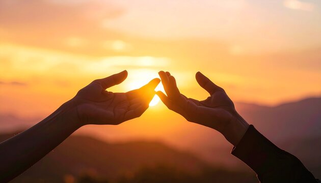Two hands forming a triangle around the setting sun on a mountain