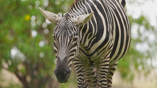 Intense Zebra Eye Contact During Rainstorm