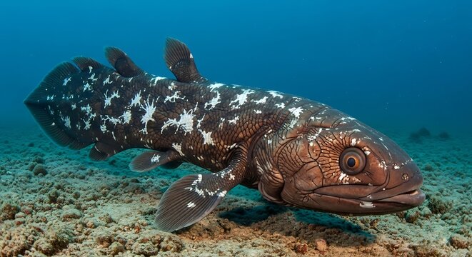 Coelacanth fish swimming underwater showing white spots and unique features