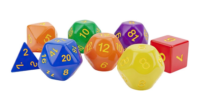 Assortment of colorful polyhedral dice with yellow numbers