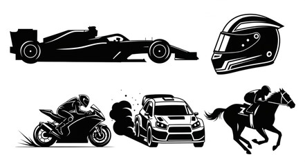 Fototapeta premium Collection of racing vehicles and rider equipment silhouettes.