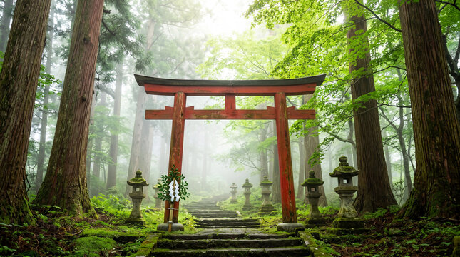 Ancient mountain shrine torii gate with moss covered stone steps in misty cedar forest in rural Japan summer morning, close-up