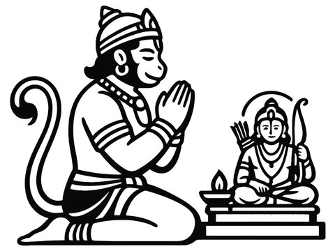 Print  Lord Hanuman Worshiping Lord Ram Line Art Vector, Hindu God Devotional Illustration, Minimalist Hand Drawn Religious Design for Print and Digital Use