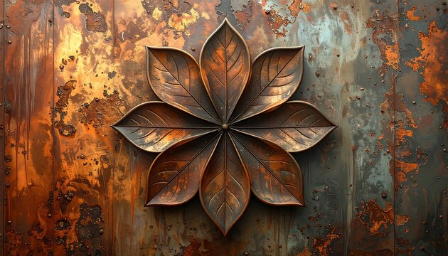 A stylized bronze flower, its eight layered leaves detailed, set against a weathered, textured metallic backdrop, rich in rust tones