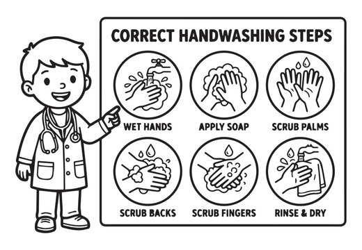 Medical student activity book of correct handwashing steps black line art vector illustration coloring page for kids and adults