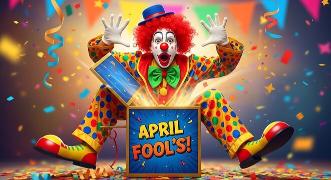 Colorful clown celebrating with confetti and sign for april fools day festivities