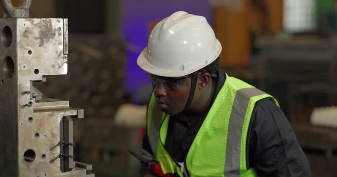 A technician performs precision grinding and close inspection on a metal component in a manufacturing facility, showing finishing work, process control, and industrial supervision.

