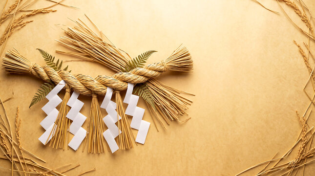 Handcrafted rice straw shimenawa sacred rope with white shide paper streamers traditional Japanese craft on white background, flat lay
