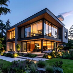Obraz premium A modern two-story house with large windows at dusk (1)