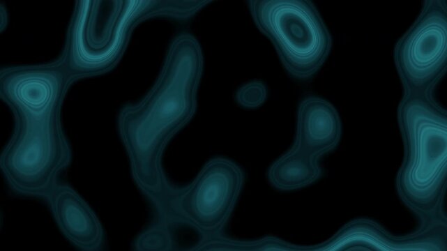 Abstract teal fluid waves and soft glowing shapes moving over a black background, seamless motion texture for technology, sci fi, music visuals, and modern design
