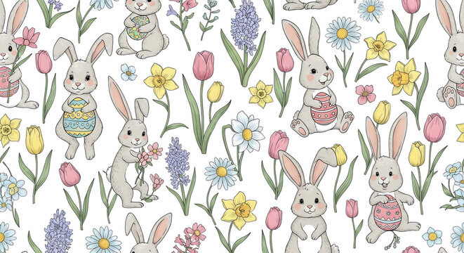 Cute Bunny png Sweet Rabbit cutout Spring Hare png Floral Blossom cutout Pastel Egg png Decorative Flower cutout Pink Tulip png Yellow Narcissus cutout Little isolated transparent background image
