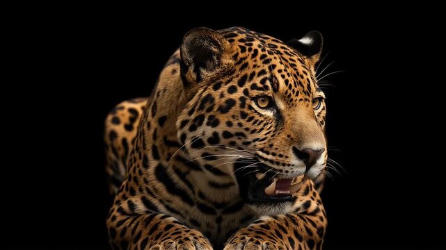 Majestic Jaguar Looking at Camera with Intense Eyes on Black Backdrop