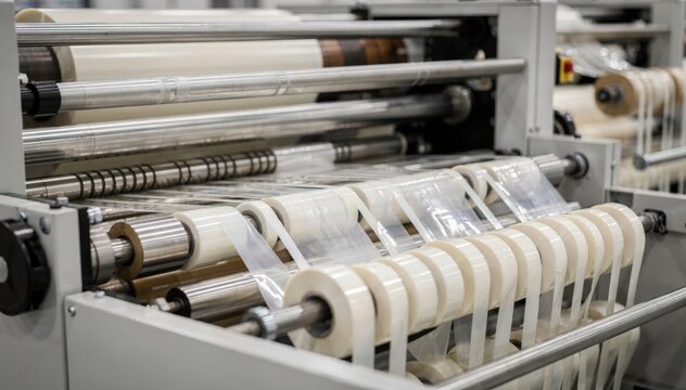 Industrial adhesive film slitting process captured in medium shot showcasing machinery efficiently producing narrowwidth tape rolls for manufacturing uses.