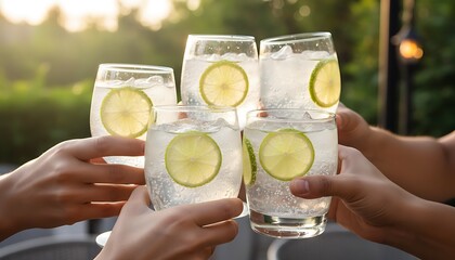 Fototapeta premium Cheers to a refreshing summer with chilled gin and tonic drinks adorned with lime slices