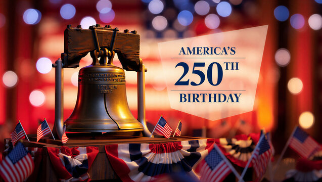 The iconic Liberty Bell surrounded by American flags and bunting on a festive background with text marking America's 250th birthday
