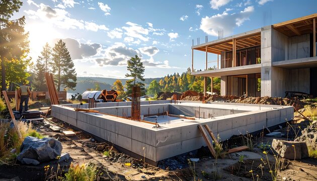 A partially built modern home foundation and structure