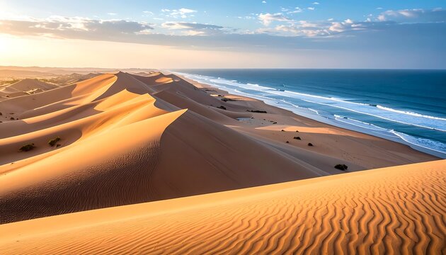 Namibian dunes by ocean.