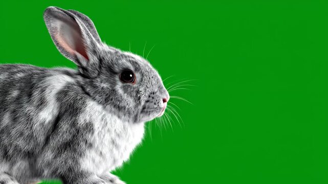 Close-up of a cute grey and white rabbit with a green screen background, perfect for compositing into various projects. Ideal for spring, easter, or animal-themed content.